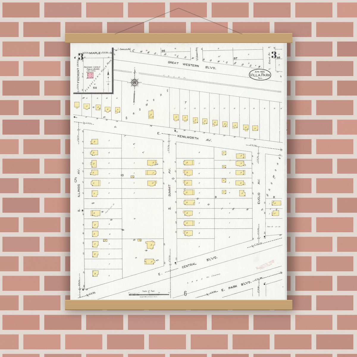 Old map wall art mockup — magnetic wood frame on brick wall — Sanborn Fire Insurance Map from Villa Park, Du Page County, Illinois (1925), Sheet #0003