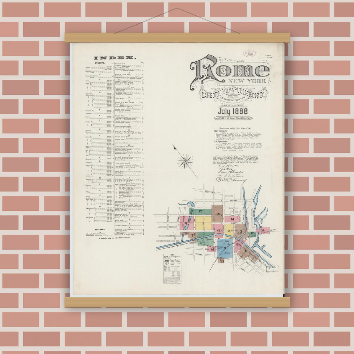 Old map wall art mockup — magnetic wood frame on brick wall — Sanborn Fire Insurance Map from Rome, Oneida County, New York (1888), Sheet #0001