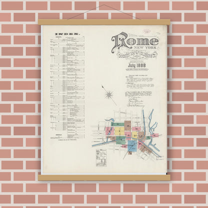 Old map wall art mockup — magnetic wood frame on brick wall — Sanborn Fire Insurance Map from Rome, Oneida County, New York (1888), Sheet #0001