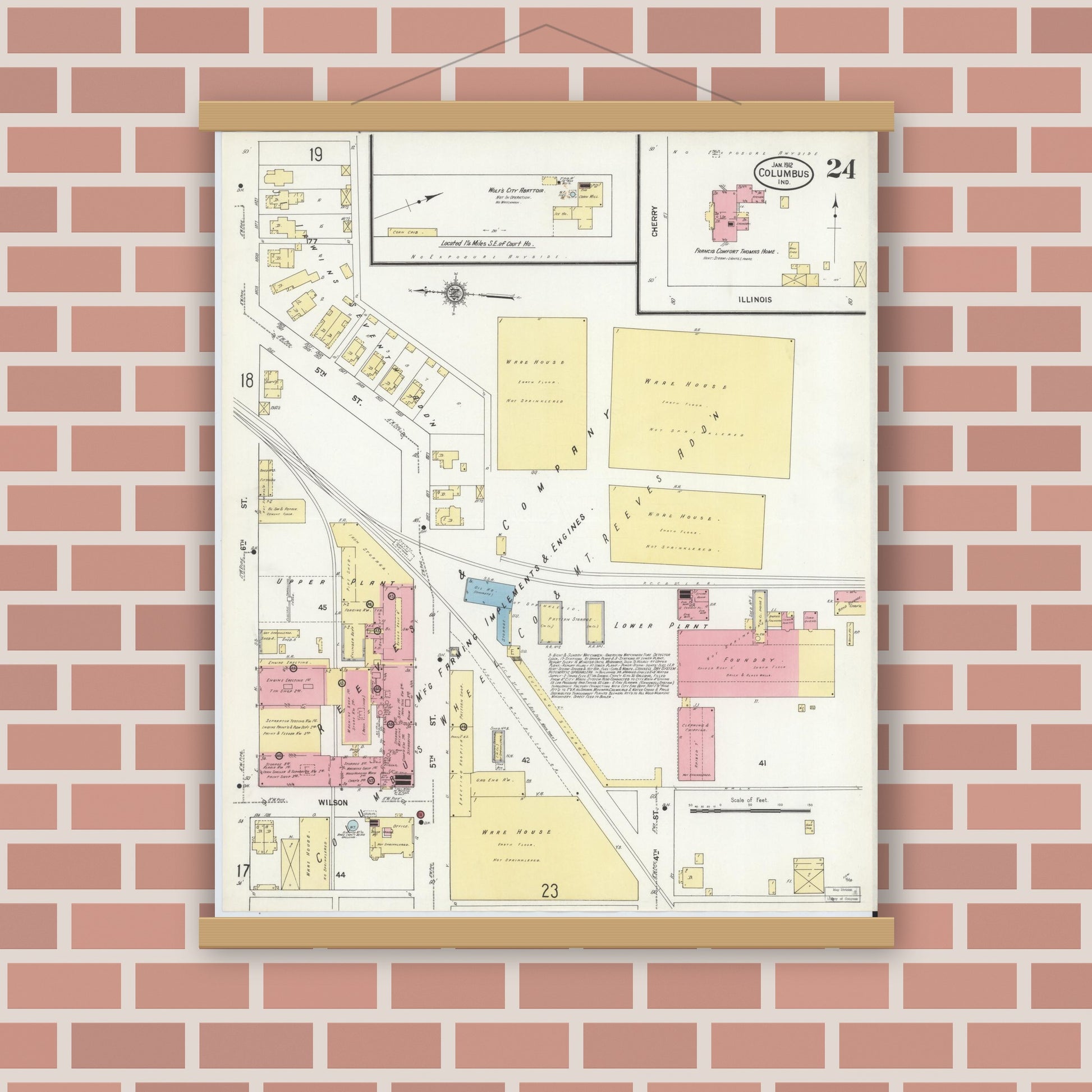 Old map wall art mockup — magnetic wood frame on brick wall — Sanborn Fire Insurance Map from Columbus, Bartholomew County, Indiana (1912), Sheet #0024