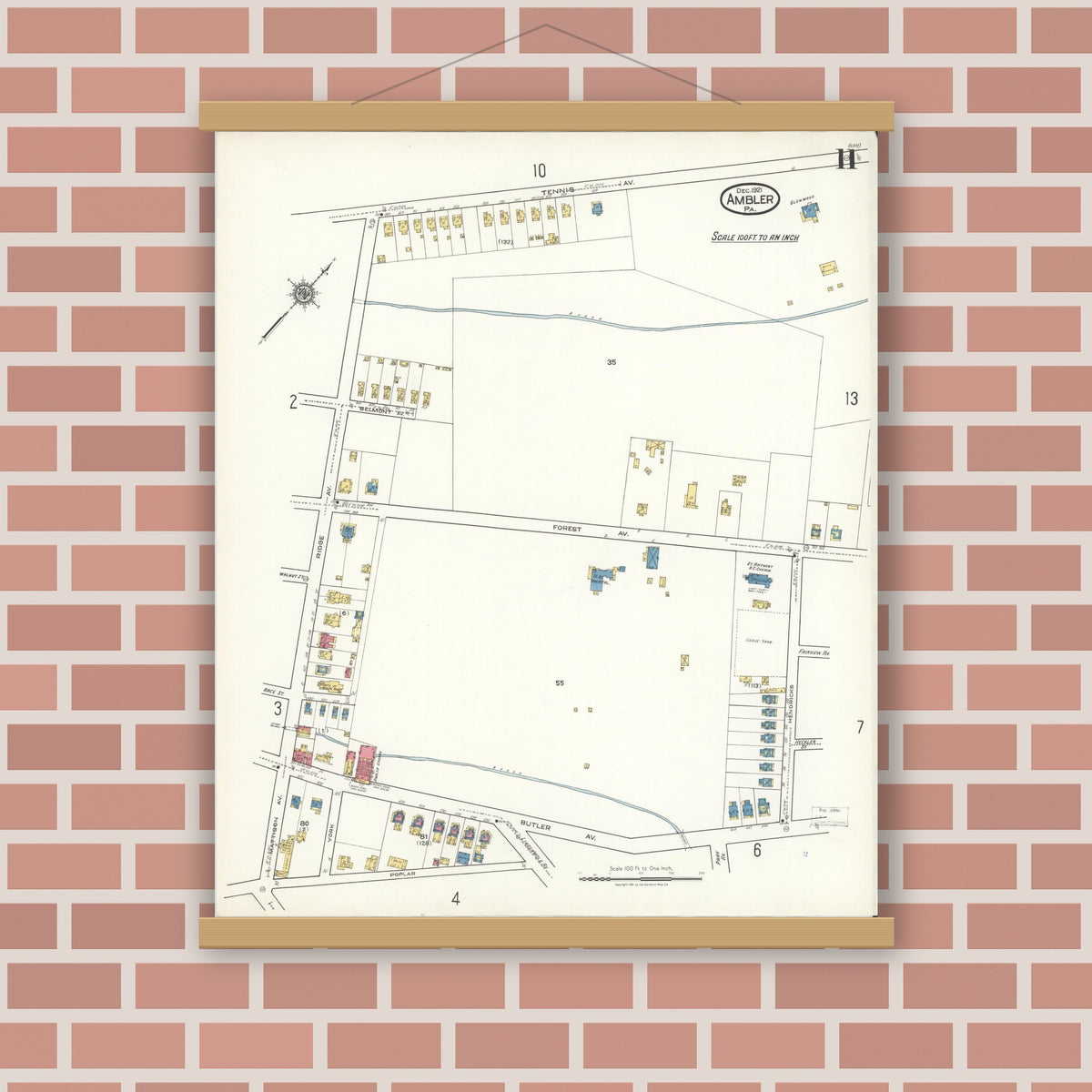 Old map wall art mockup — magnetic wood frame on brick wall — Sanborn Fire Insurance Map from Ambler, Montgomery County, Pennsylvania (1921), Sheet #0011