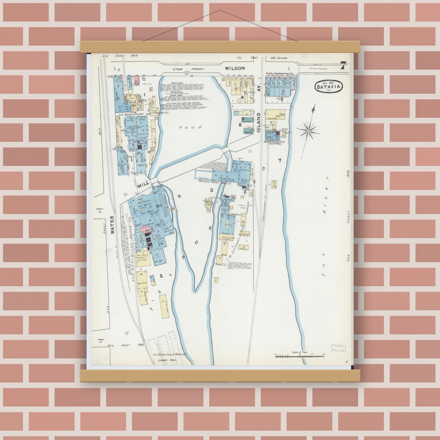 Old map wall art mockup — magnetic wood frame on brick wall — Sanborn Fire Insurance Map from Batavia, Kane County, Illinois (1891), Sheet #0007