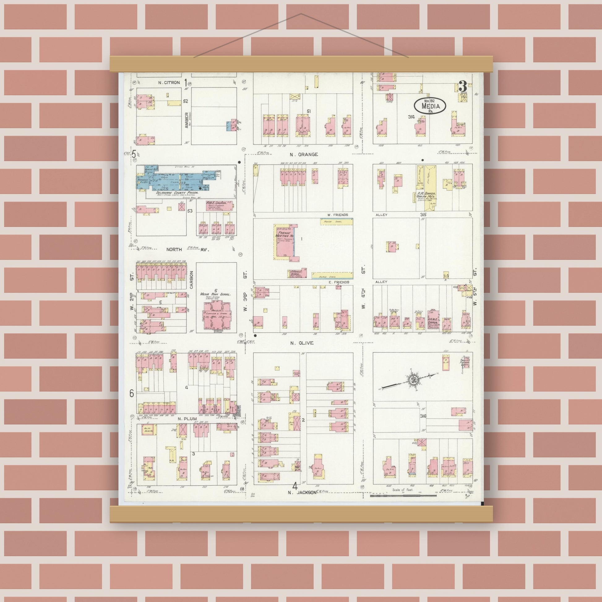 Old map wall art mockup — magnetic wood frame on brick wall — Sanborn Fire Insurance Map from Media, Delaware County, Pennsylvania (1912), Sheet #0003