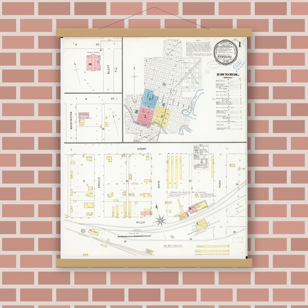 Old map wall art mockup — magnetic wood frame on brick wall — Sanborn Fire Insurance Map from Hamburg, Fremont County, Iowa (1899) â€” Complete Set