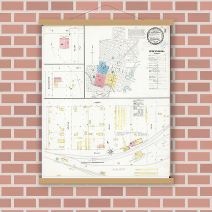 Old map wall art mockup — magnetic wood frame on brick wall — Sanborn Fire Insurance Map from Hamburg, Fremont County, Iowa (1899) â€” Complete Set