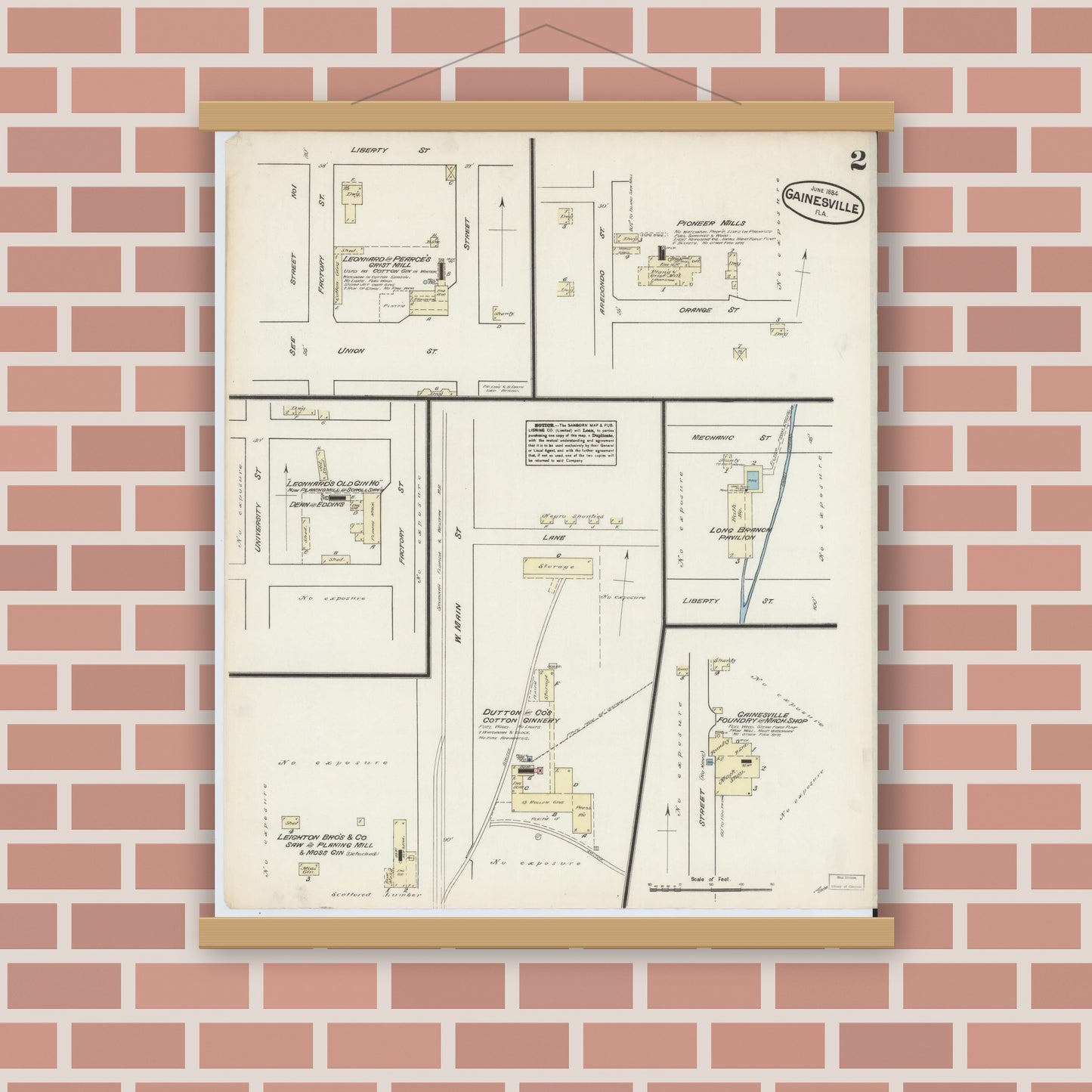Old map wall art mockup — magnetic wood frame on brick wall — Sanborn Fire Insurance Map from Gainesville, Alachua County, Florida (1884), Sheet #0002