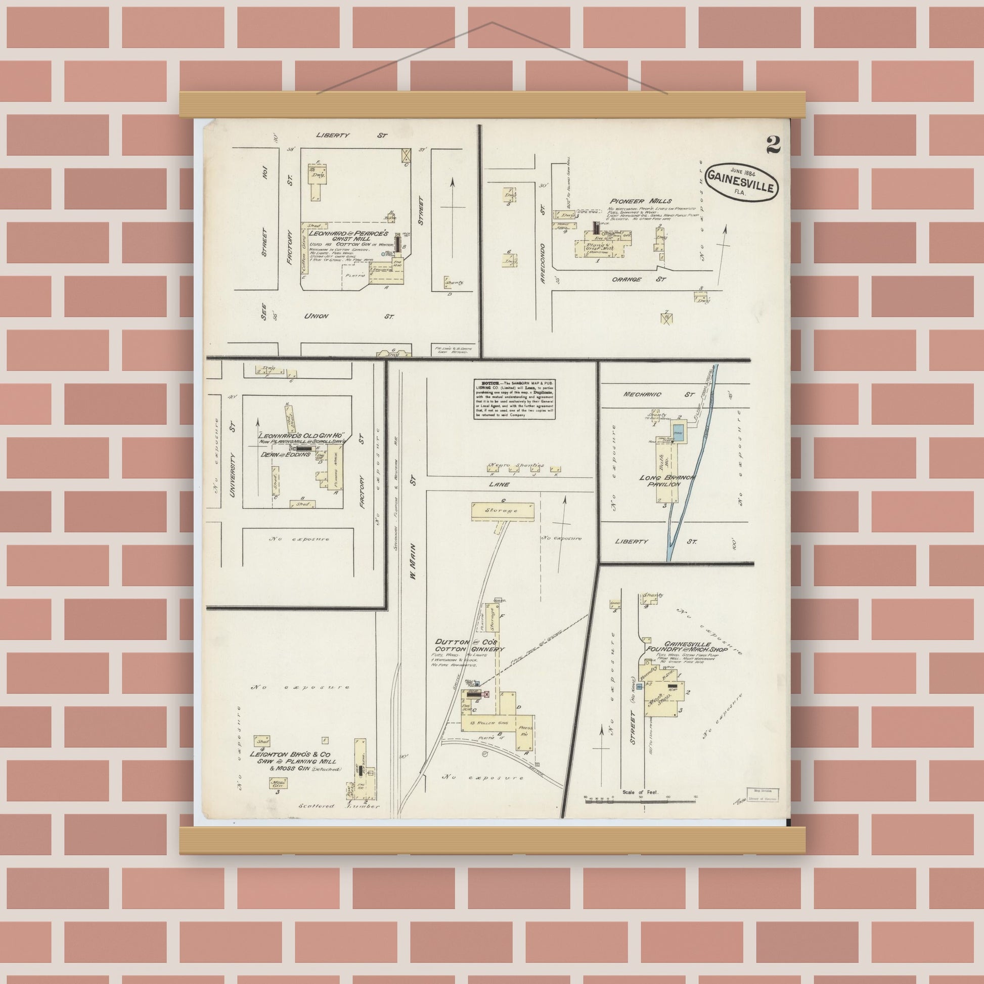 Old map wall art mockup — magnetic wood frame on brick wall — Sanborn Fire Insurance Map from Gainesville, Alachua County, Florida (1884), Sheet #0002
