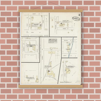 Old map wall art mockup — magnetic wood frame on brick wall — Sanborn Fire Insurance Map from Gainesville, Alachua County, Florida (1884), Sheet #0002
