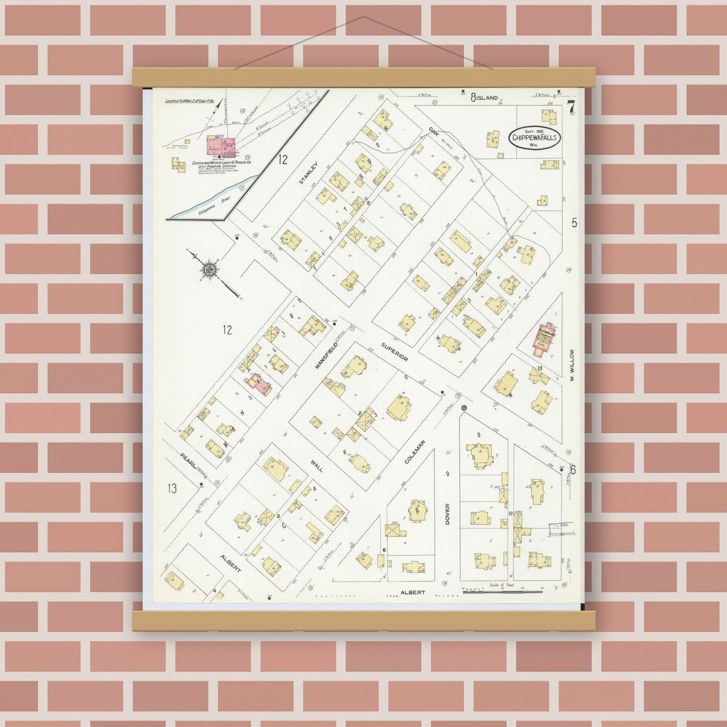 Old map wall art mockup — magnetic wood frame on brick wall — Sanborn Fire Insurance Map from Chippewa Falls, Chippewa County, Wisconsin (1910), Sheet #0007