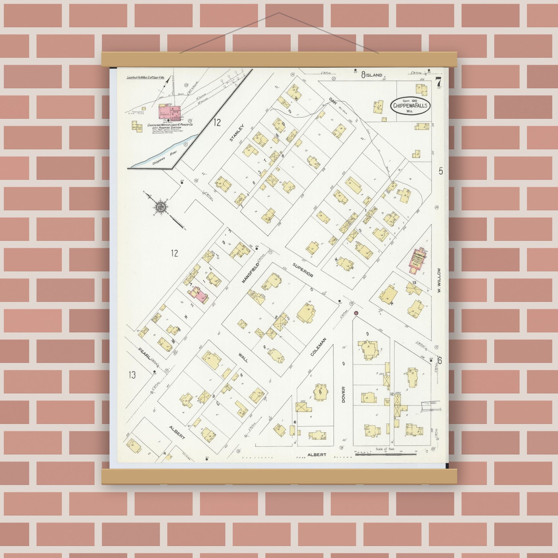 Old map wall art mockup — magnetic wood frame on brick wall — Sanborn Fire Insurance Map from Chippewa Falls, Chippewa County, Wisconsin (1910), Sheet #0007