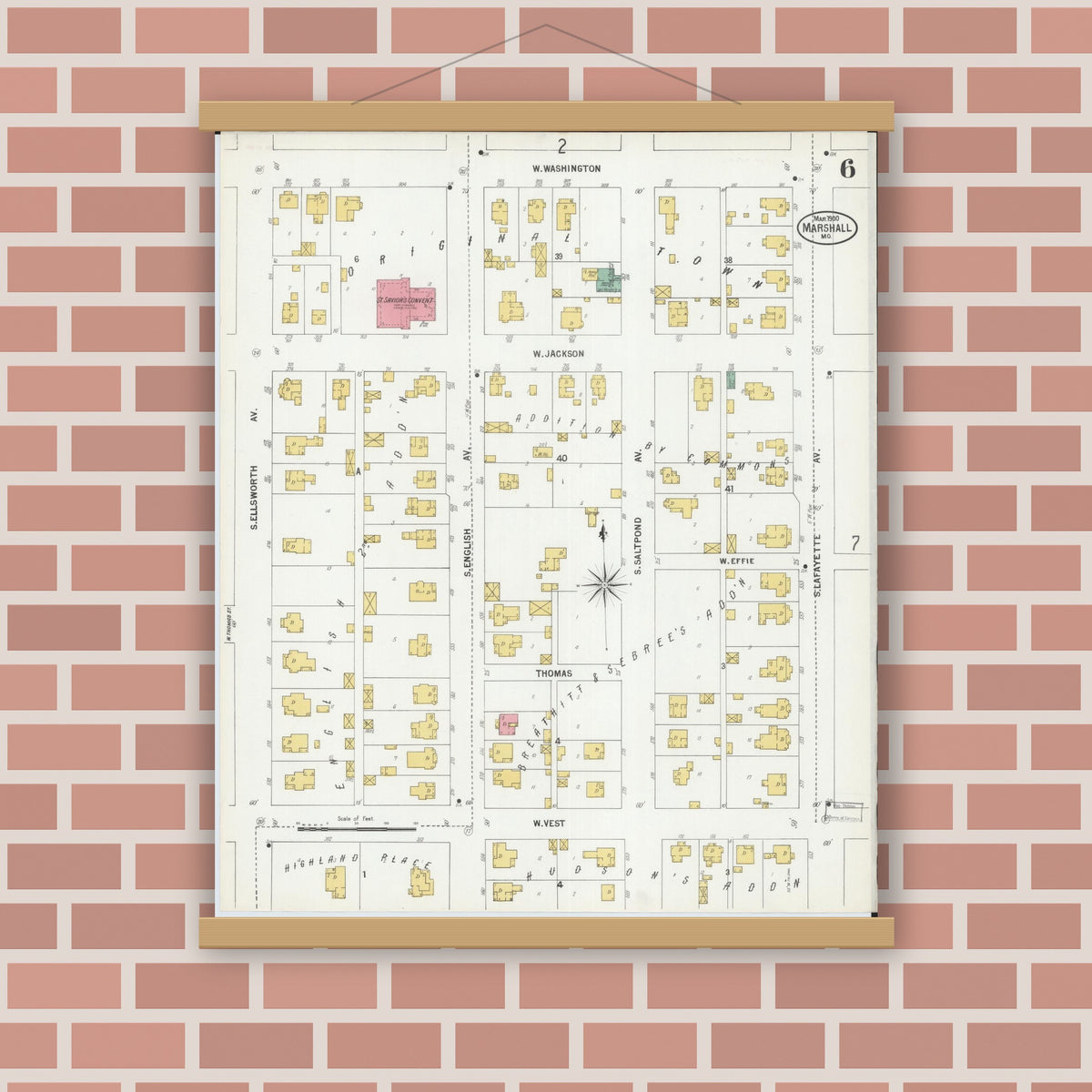 Old map wall art mockup — magnetic wood frame on brick wall — Sanborn Fire Insurance Map from Marshall, Saline County, Missouri (1900), Sheet #0006