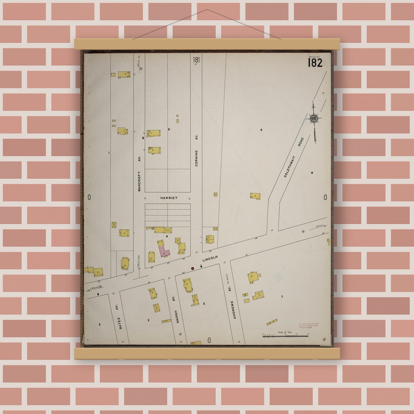 Old map wall art mockup — magnetic wood frame on brick wall — Sanborn Fire Insurance Map from Worcester, Worcester County, Massachusetts (1910), Sheet #0182