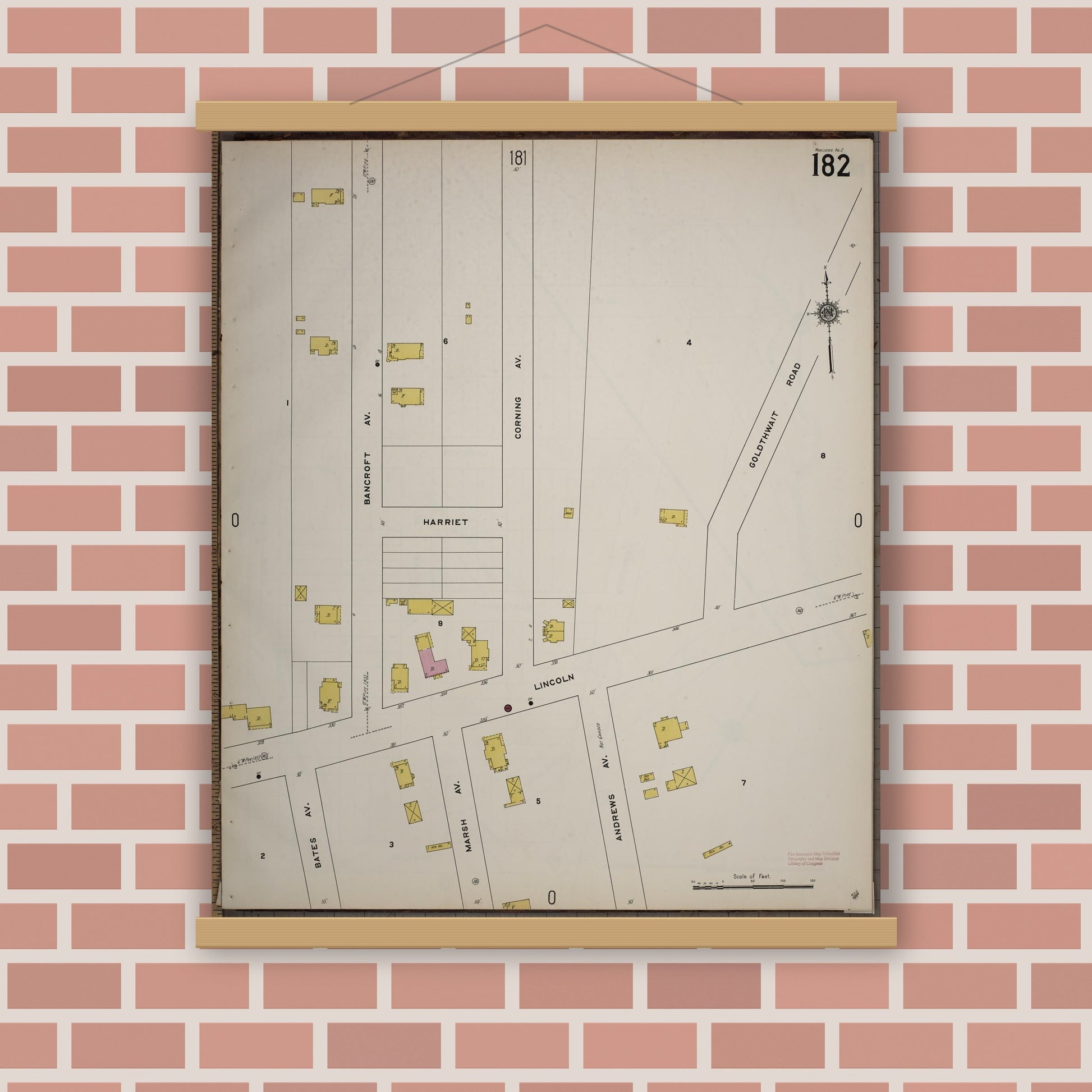 Old map wall art mockup — magnetic wood frame on brick wall — Sanborn Fire Insurance Map from Worcester, Worcester County, Massachusetts (1910), Sheet #0182