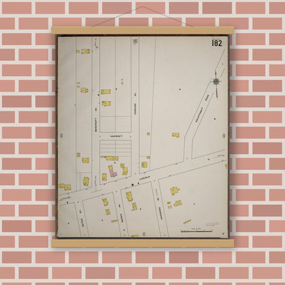 Old map wall art mockup — magnetic wood frame on brick wall — Sanborn Fire Insurance Map from Worcester, Worcester County, Massachusetts (1910), Sheet #0182