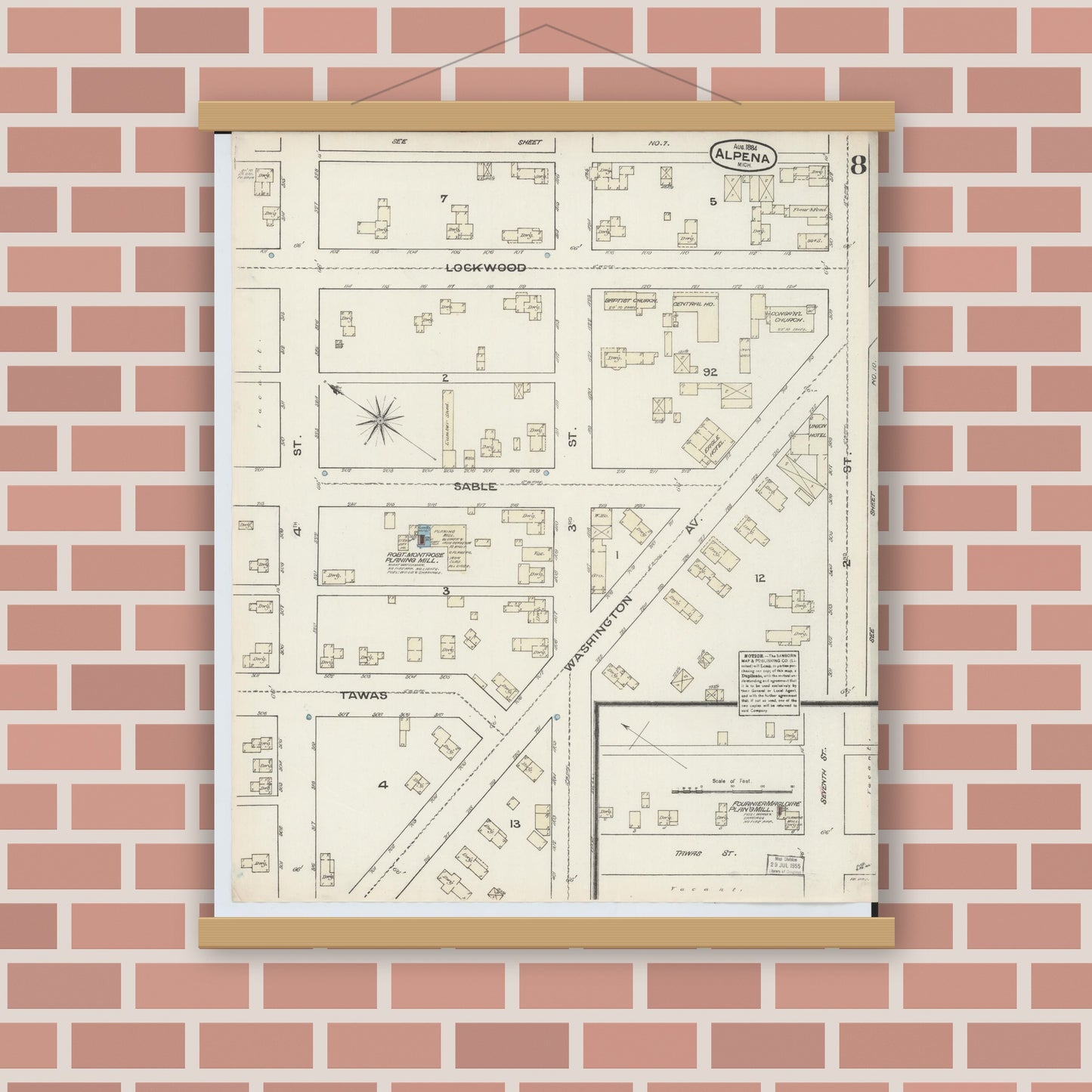 Old map wall art mockup — magnetic wood frame on brick wall — Sanborn Fire Insurance Map from Alpena, Alpena County, Michigan (1884), Sheet #0008