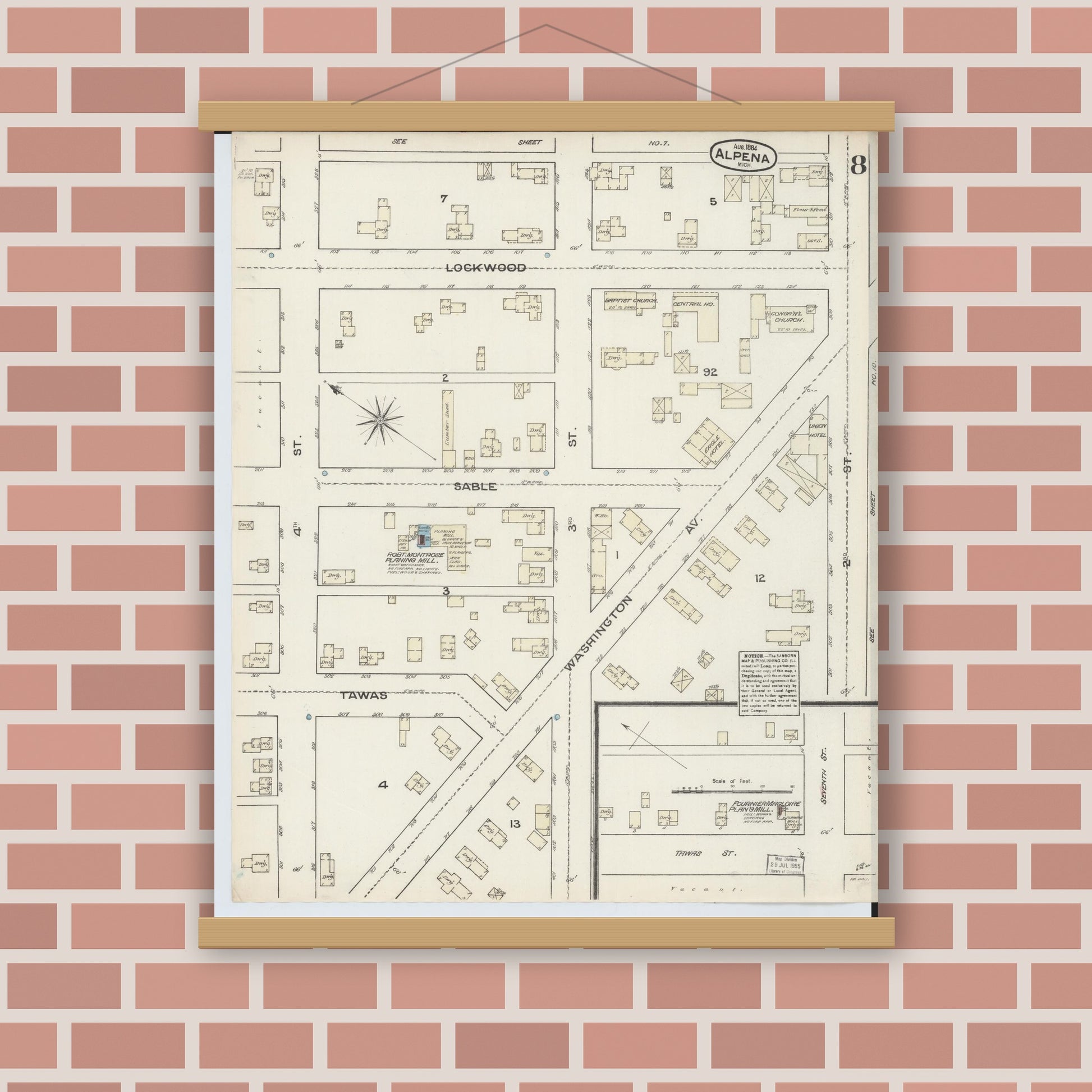Old map wall art mockup — magnetic wood frame on brick wall — Sanborn Fire Insurance Map from Alpena, Alpena County, Michigan (1884), Sheet #0008