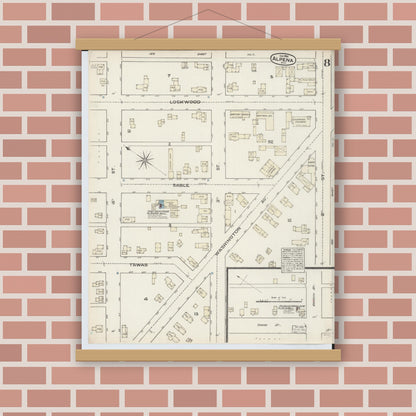Old map wall art mockup — magnetic wood frame on brick wall — Sanborn Fire Insurance Map from Alpena, Alpena County, Michigan (1884), Sheet #0008