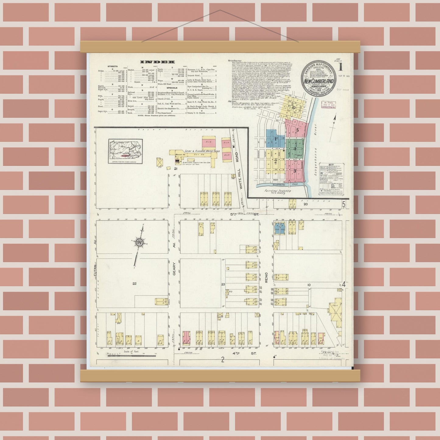 Old map wall art mockup — magnetic wood frame on brick wall — Sanborn Fire Insurance Map from New Cumberland, Cumberland County, Pennsylvania (1913), Sheet #0001
