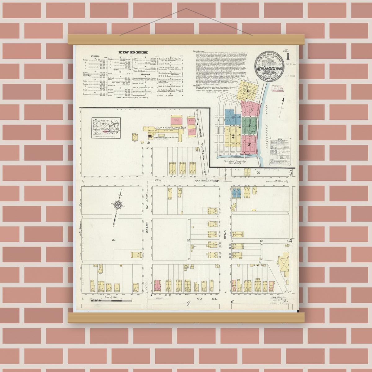 Old map wall art mockup — magnetic wood frame on brick wall — Sanborn Fire Insurance Map from New Cumberland, Cumberland County, Pennsylvania (1913), Sheet #0001