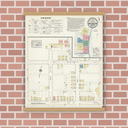 Old map wall art mockup — magnetic wood frame on brick wall — Sanborn Fire Insurance Map from New Cumberland, Cumberland County, Pennsylvania (1913), Sheet #0001