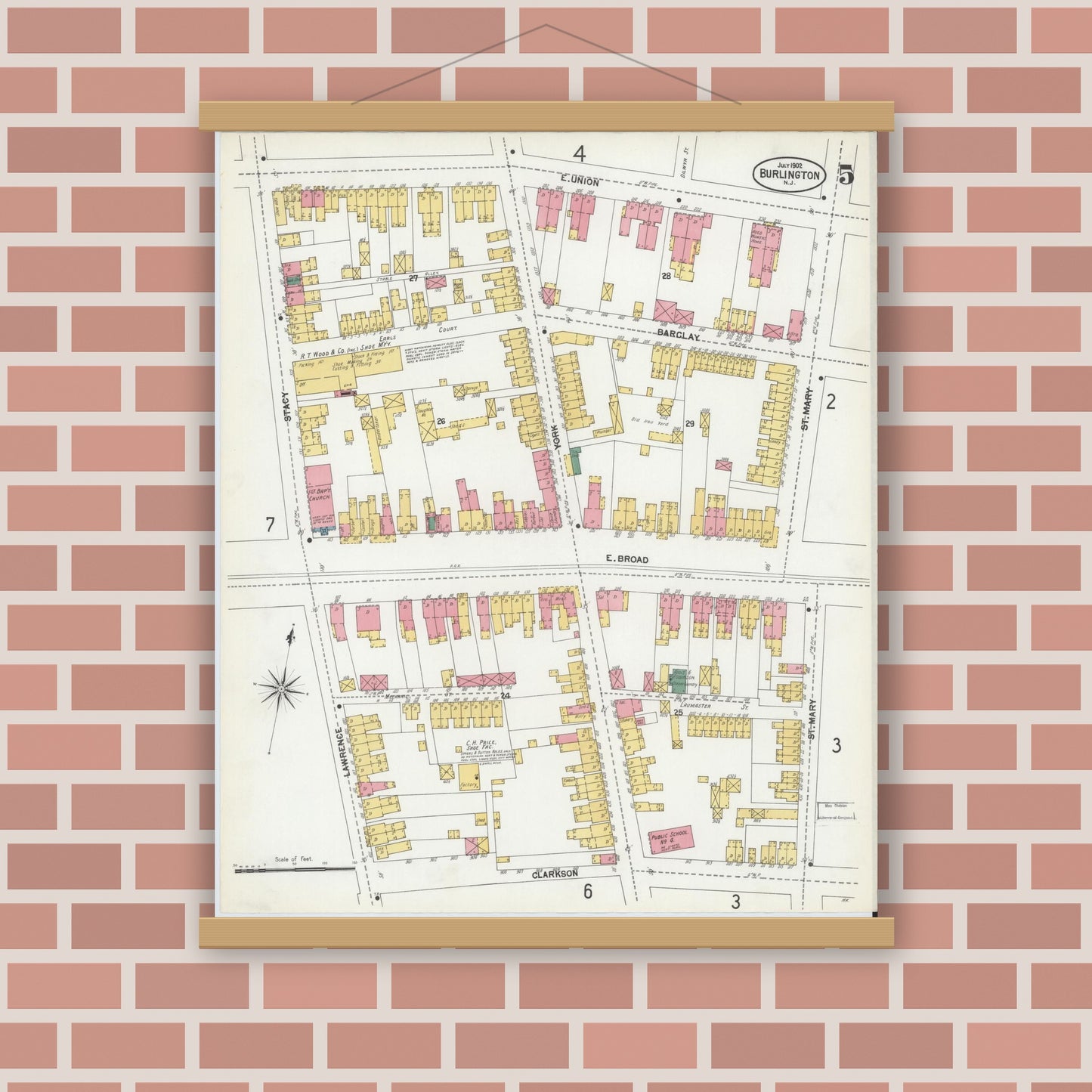 Old map wall art mockup — magnetic wood frame on brick wall — Sanborn Fire Insurance Map from Burlington, Burlington County, New Jersey (1902), Sheet #0005