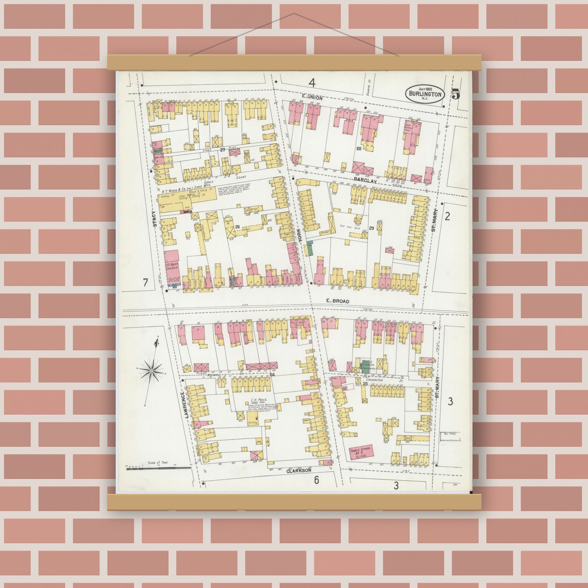 Old map wall art mockup — magnetic wood frame on brick wall — Sanborn Fire Insurance Map from Burlington, Burlington County, New Jersey (1902), Sheet #0005