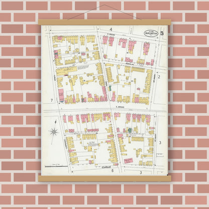 Old map wall art mockup — magnetic wood frame on brick wall — Sanborn Fire Insurance Map from Burlington, Burlington County, New Jersey (1902), Sheet #0005