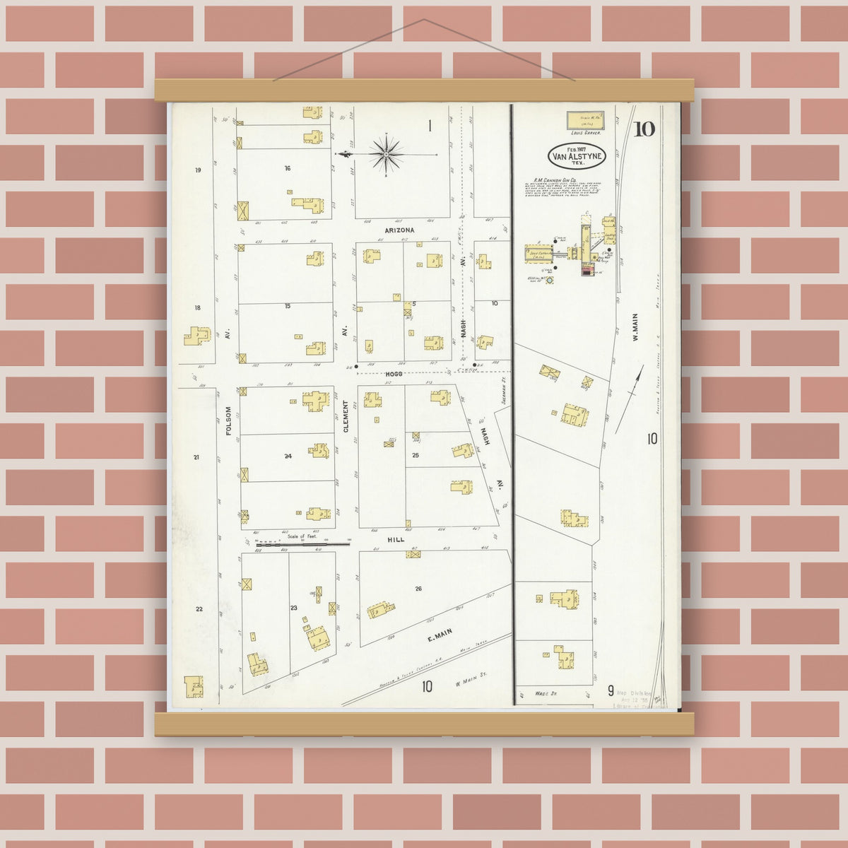 Old map wall art mockup — magnetic wood frame on brick wall — Sanborn Fire Insurance Map from Van Alstyne, Grayson County, Texas (1907), Sheet #0010