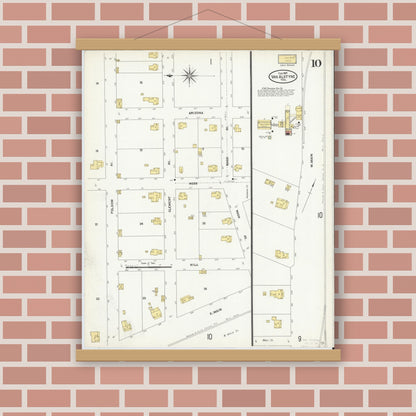 Old map wall art mockup — magnetic wood frame on brick wall — Sanborn Fire Insurance Map from Van Alstyne, Grayson County, Texas (1907), Sheet #0010