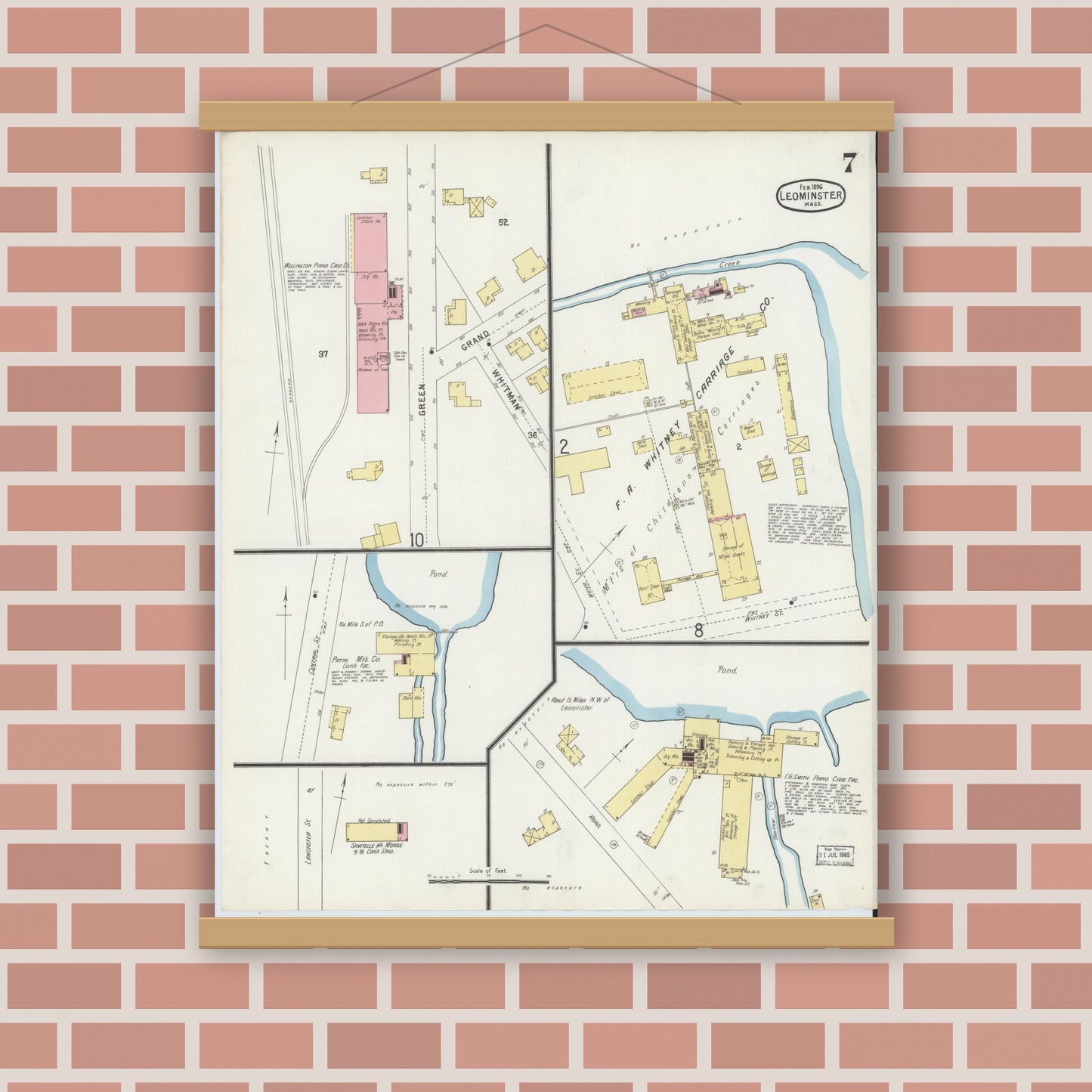 Old map wall art mockup — magnetic wood frame on brick wall — Sanborn Fire Insurance Map from Leominster, Worcester County, Massachusetts (1896), Sheet #0007