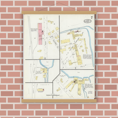Old map wall art mockup — magnetic wood frame on brick wall — Sanborn Fire Insurance Map from Leominster, Worcester County, Massachusetts (1896), Sheet #0007