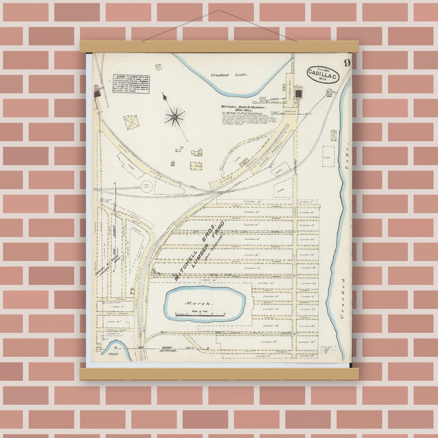 Old map wall art mockup — magnetic wood frame on brick wall — Sanborn Fire Insurance Map from Cadillac, Wexford County, Michigan (1884), Sheet #0009