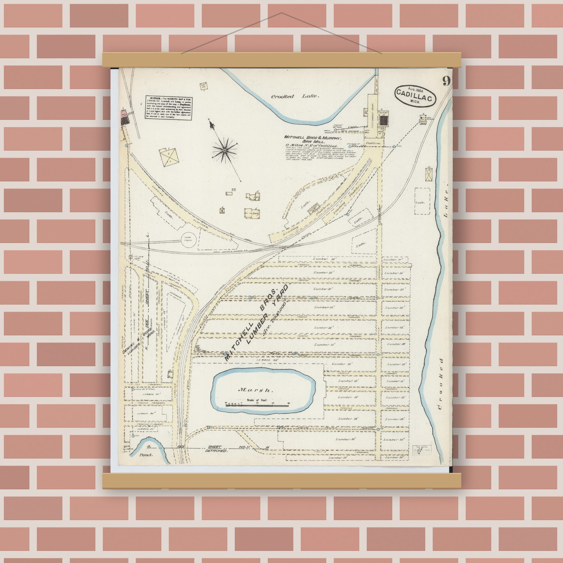 Old map wall art mockup — magnetic wood frame on brick wall — Sanborn Fire Insurance Map from Cadillac, Wexford County, Michigan (1884), Sheet #0009