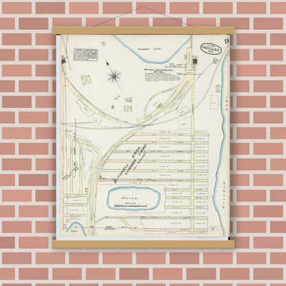 Old map wall art mockup — magnetic wood frame on brick wall — Sanborn Fire Insurance Map from Cadillac, Wexford County, Michigan (1884), Sheet #0009