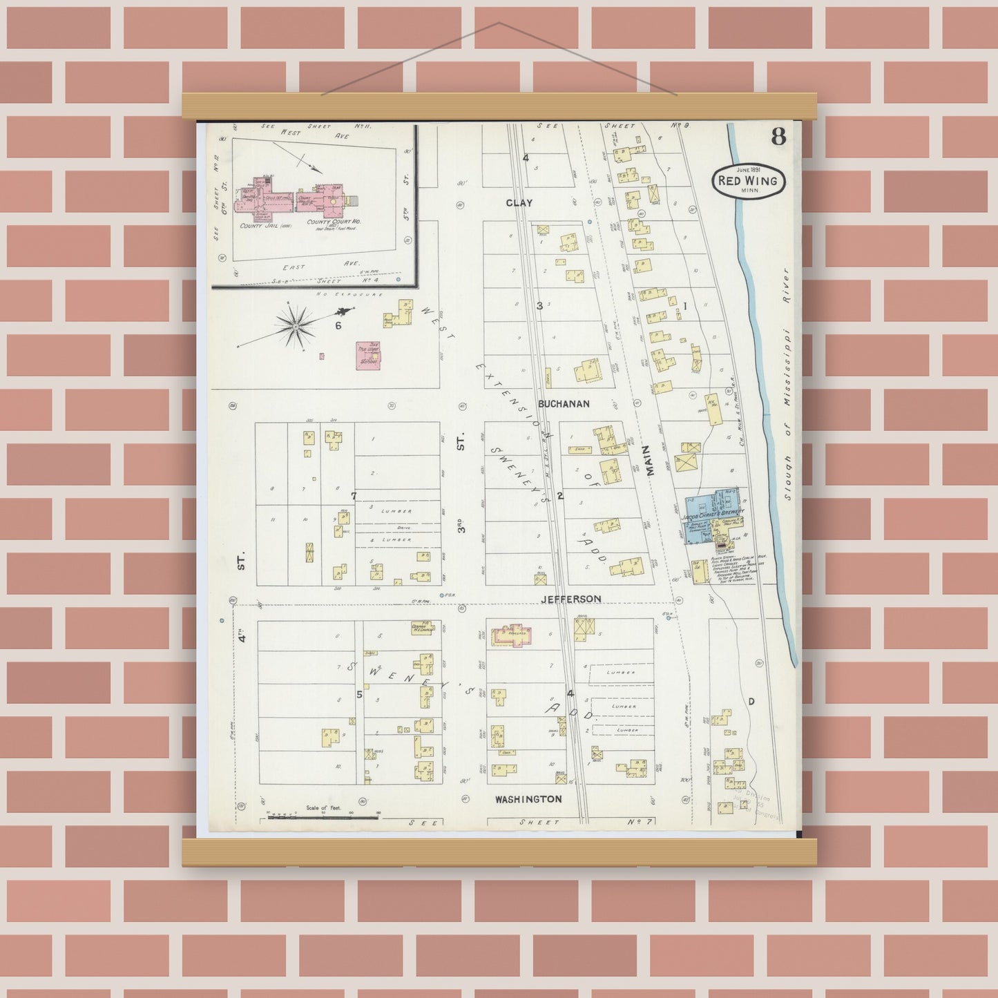 Old map wall art mockup — magnetic wood frame on brick wall — Sanborn Fire Insurance Map from Red Wing, Goodhue County, Minnesota (1891), Sheet #0008