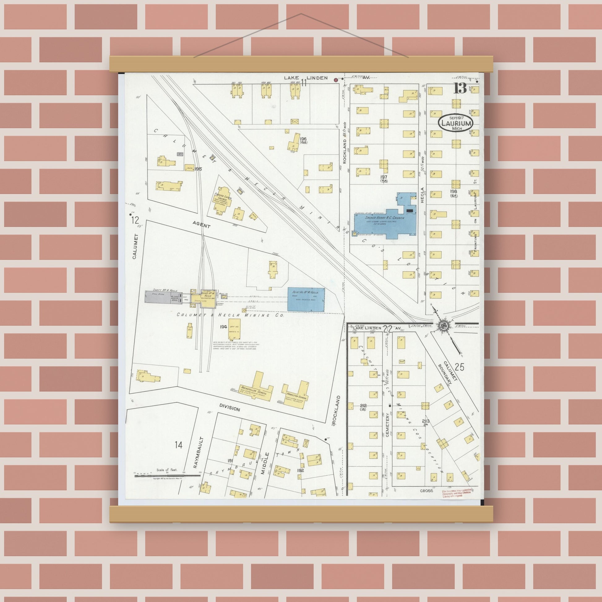 Old map wall art mockup — magnetic wood frame on brick wall — Sanborn Fire Insurance Map from Laurium, Houghton County, Michigan (1917), Sheet #0013