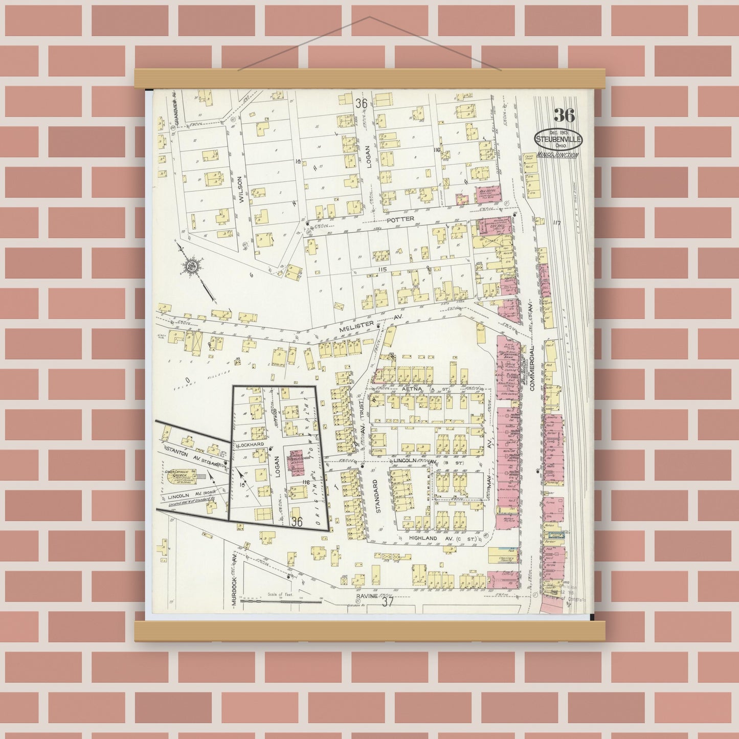Old map wall art mockup — magnetic wood frame on brick wall — Sanborn Fire Insurance Map from Steubenville, Jefferson County, Ohio (1913), Sheet #0036