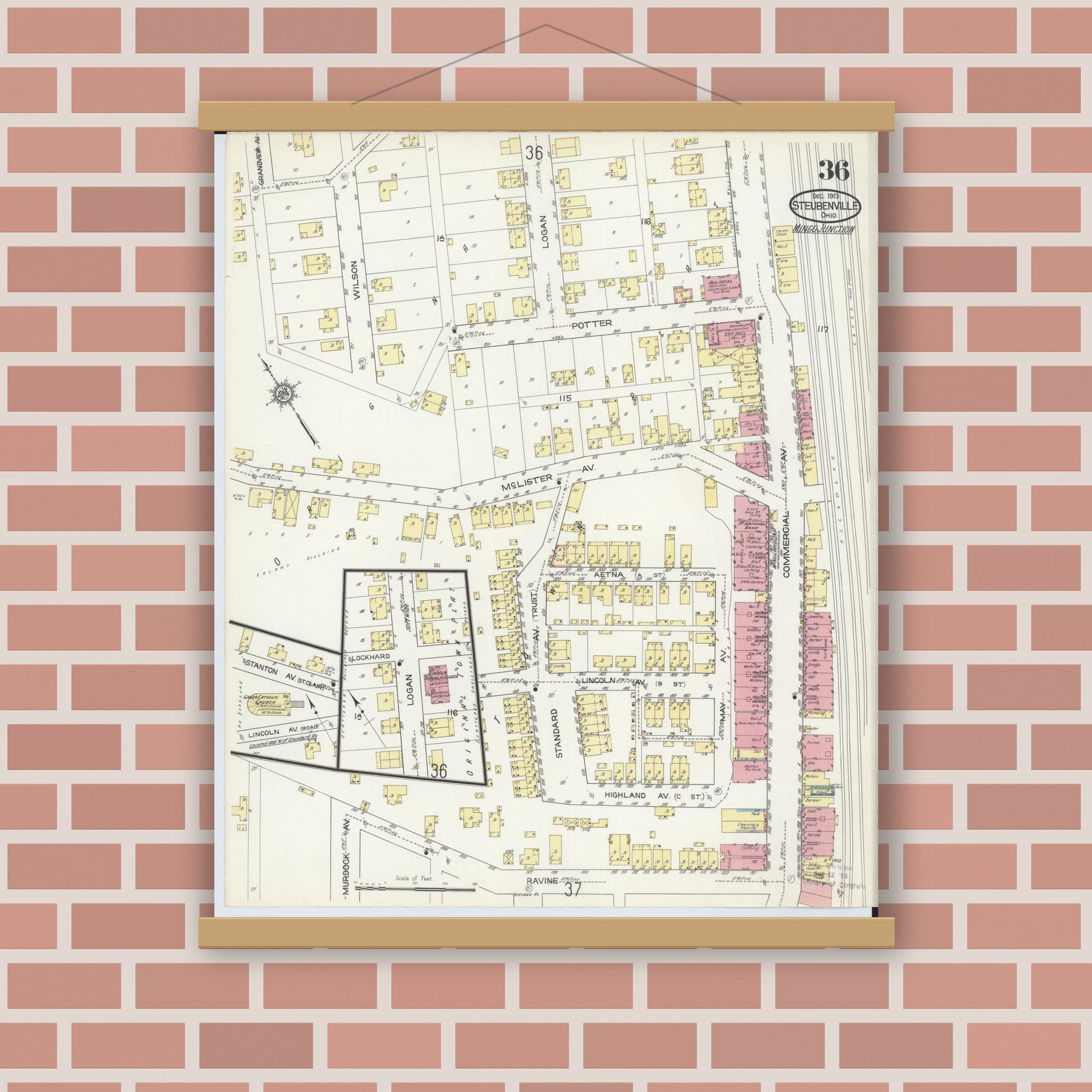 Old map wall art mockup — magnetic wood frame on brick wall — Sanborn Fire Insurance Map from Steubenville, Jefferson County, Ohio (1913), Sheet #0036
