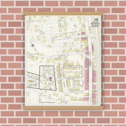 Old map wall art mockup — magnetic wood frame on brick wall — Sanborn Fire Insurance Map from Steubenville, Jefferson County, Ohio (1913), Sheet #0036