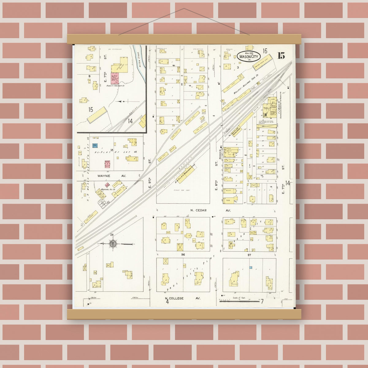 Old map wall art mockup — magnetic wood frame on brick wall — Sanborn Fire Insurance Map from Mason City, Cerro Gordo County, Iowa (1915), Sheet #0015