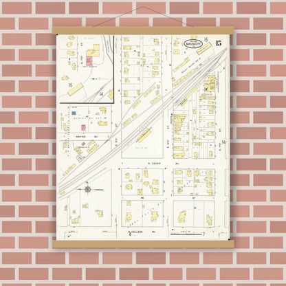 Old map wall art mockup — magnetic wood frame on brick wall — Sanborn Fire Insurance Map from Mason City, Cerro Gordo County, Iowa (1915), Sheet #0015
