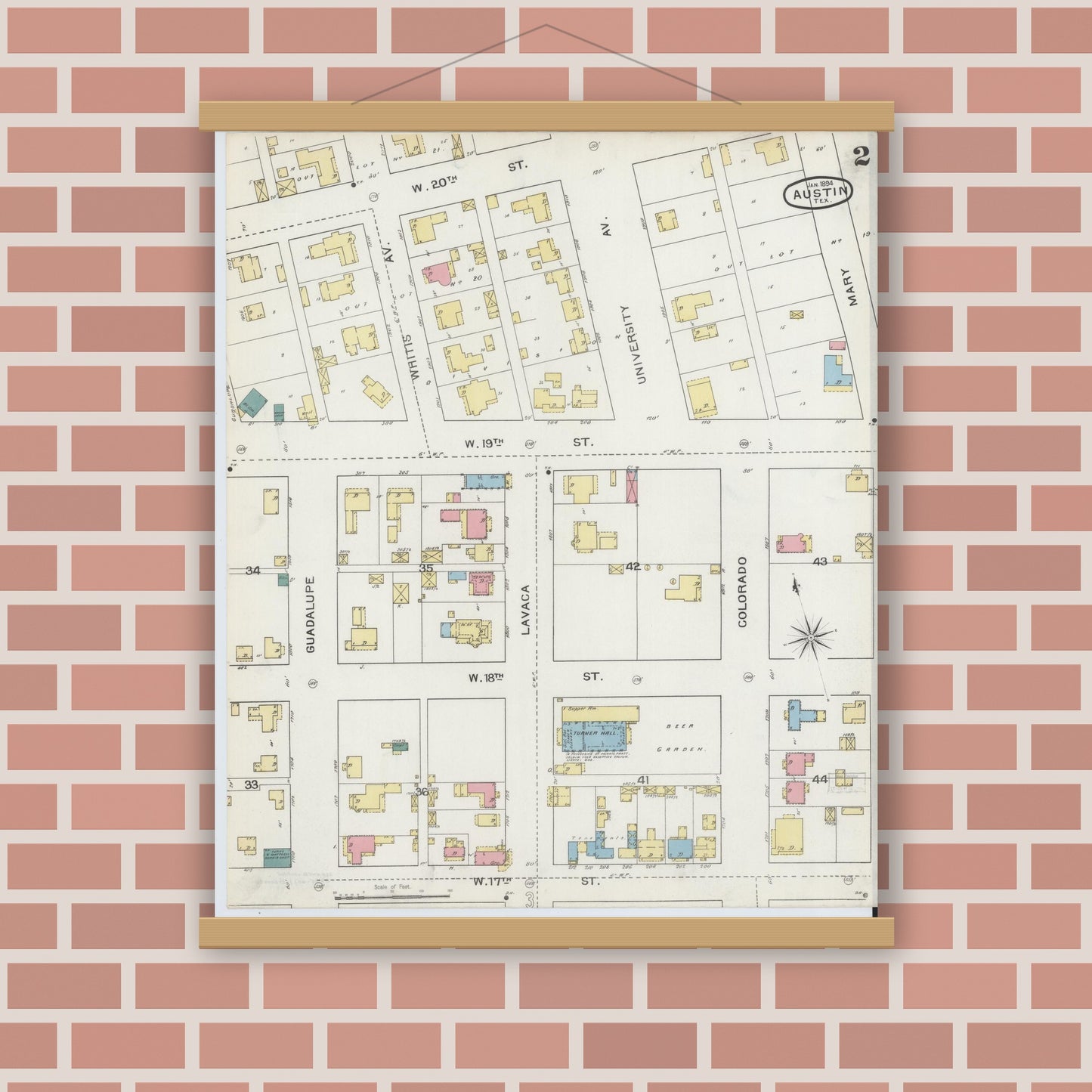 Old map wall art mockup — magnetic wood frame on brick wall — Sanborn Fire Insurance Map from Austin, Travis County, Texas (1894), Sheet #0002