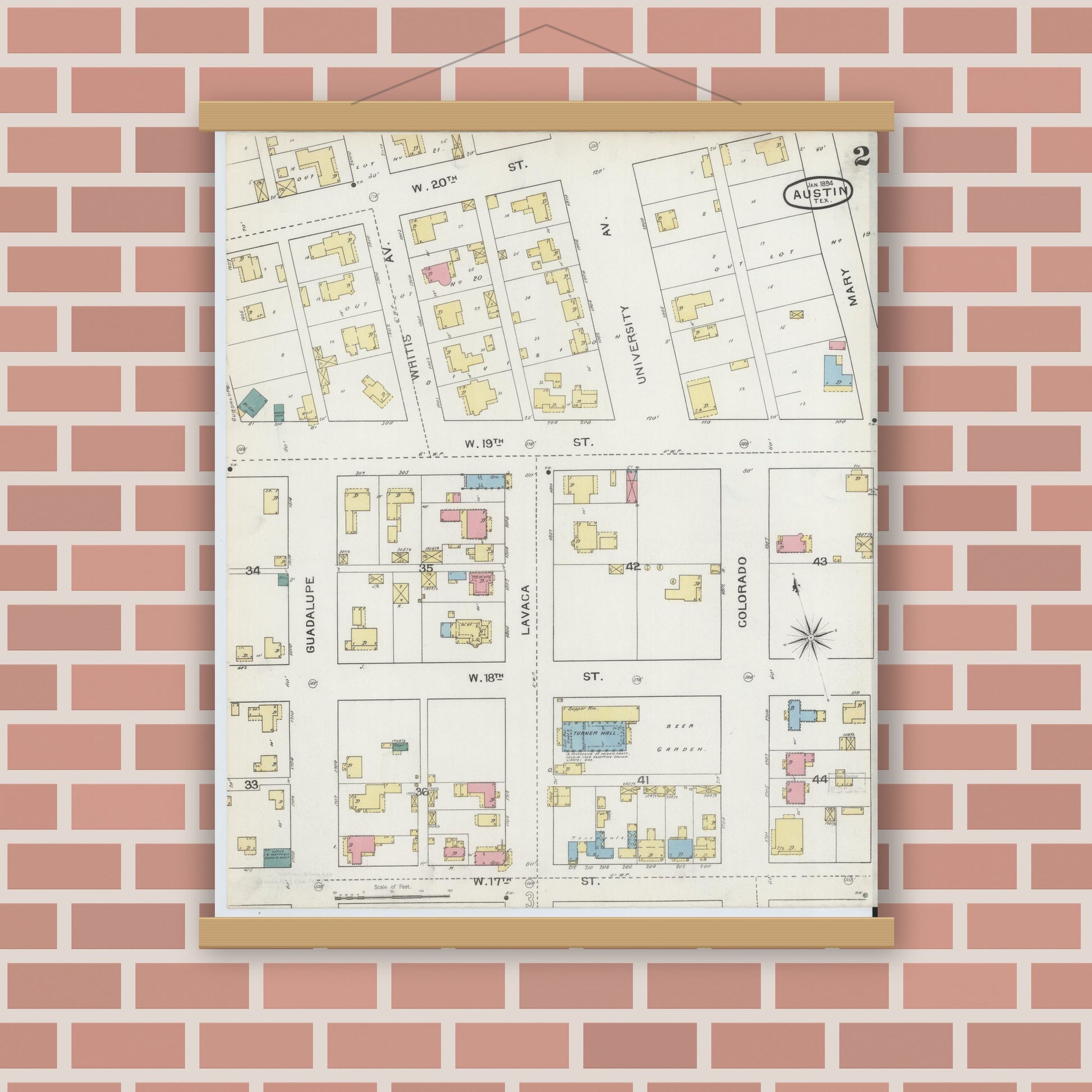 Old map wall art mockup — magnetic wood frame on brick wall — Sanborn Fire Insurance Map from Austin, Travis County, Texas (1894), Sheet #0002