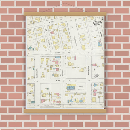 Old map wall art mockup — magnetic wood frame on brick wall — Sanborn Fire Insurance Map from Austin, Travis County, Texas (1894), Sheet #0002