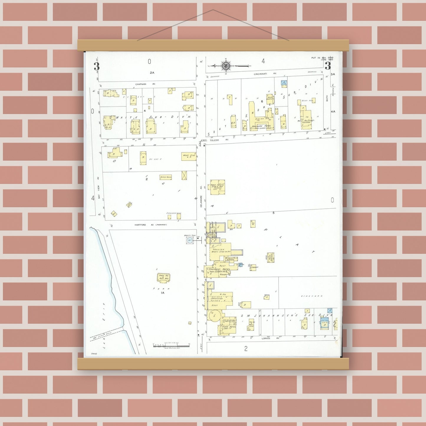 Old map wall art mockup — magnetic wood frame on brick wall — Sanborn Fire Insurance Map from Put-in-bay, Ottawa County, Ohio (1950), Sheet #0003