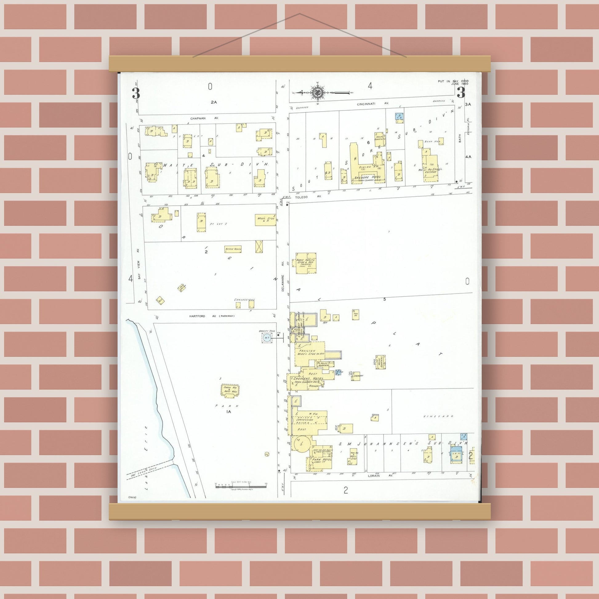 Old map wall art mockup — magnetic wood frame on brick wall — Sanborn Fire Insurance Map from Put-in-bay, Ottawa County, Ohio (1950), Sheet #0003