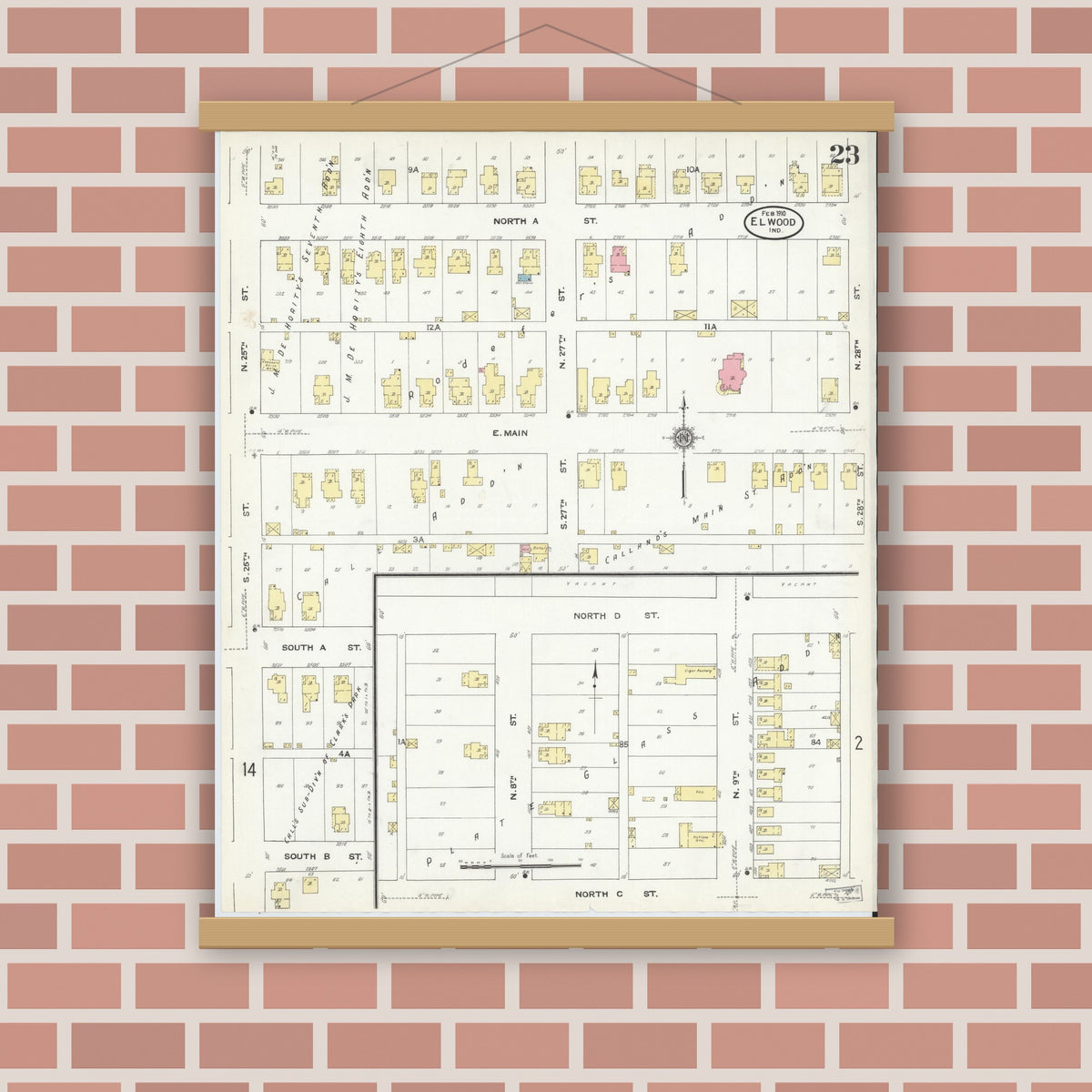 Old map wall art mockup — magnetic wood frame on brick wall — Sanborn Fire Insurance Map from Elwood, Madison County, Indiana (1910), Sheet #0023