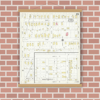 Old map wall art mockup — magnetic wood frame on brick wall — Sanborn Fire Insurance Map from Elwood, Madison County, Indiana (1910), Sheet #0023