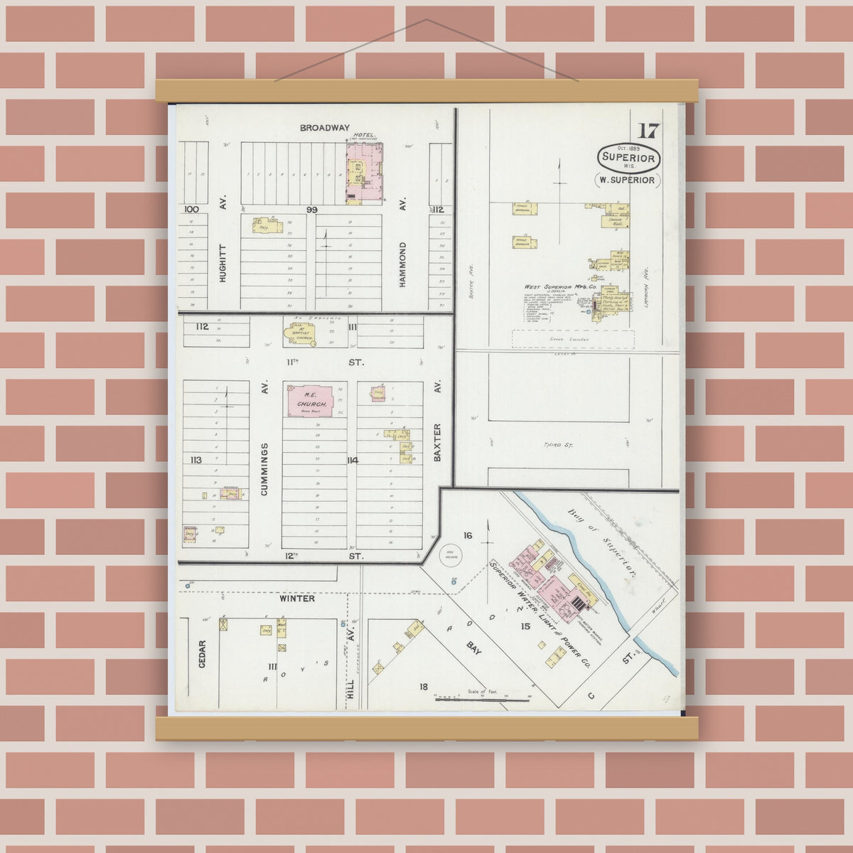 Old map wall art mockup — magnetic wood frame on brick wall — Sanborn Fire Insurance Map from Superior, Douglas County, Wisconsin (1887), Sheet #0017