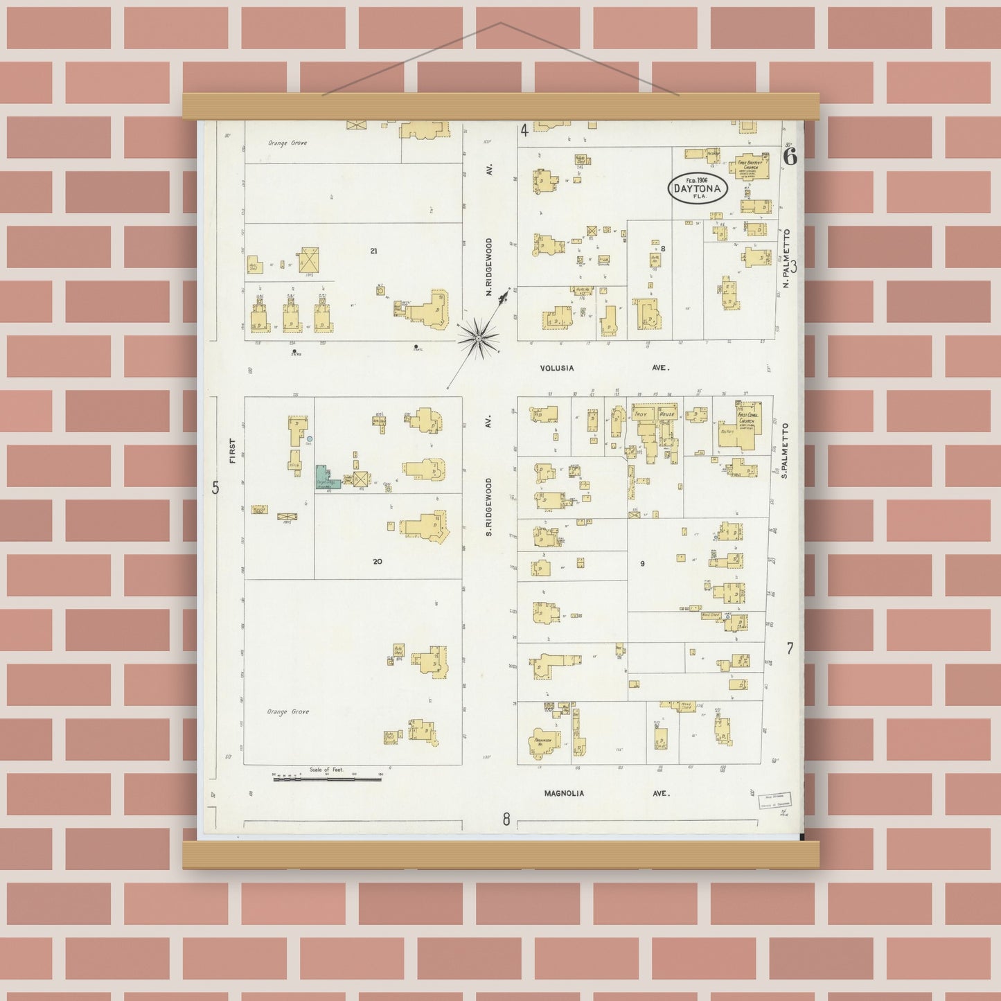 Old map wall art mockup — magnetic wood frame on brick wall — Sanborn Fire Insurance Map from Daytona, Volusia County, Florida (1906), Sheet #0006